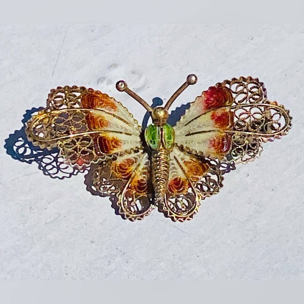 Antique VTG 800 Silver Filigree Gold Plated Enamel Butterfly Pin Brooch